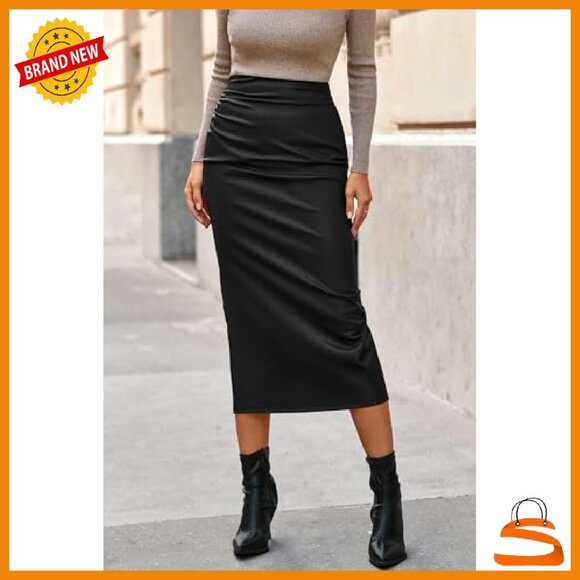 PU Leather Pencil Midi Skirt High Waisted Bodycon Back Slit - Picture 6 of 8